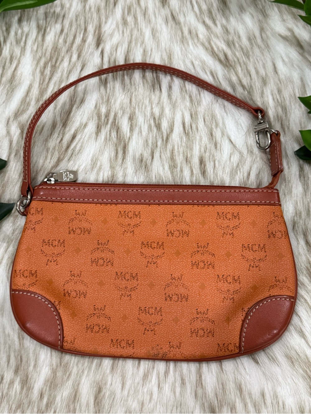 MCM Visetos Mini Pochette Cognac and Brown Monogram Wristlet Clutch